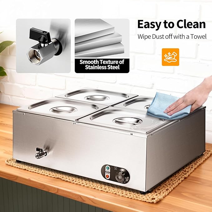 Commercial Food Warmer 48 Qt Stainless Steel Steam Table Countertop Buffet Warmer, 4-Pan 1500W Electric Bain Marie Food Warmer with Adjustable Temperature for Restaurants, Catering, Hotels