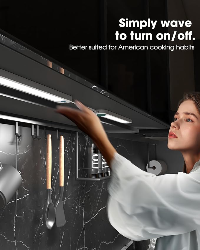 Hand Wave Under Counter Lights for Kitchen, Motion Sensor Lights Plug in, with Retractable Cable, 6000K White Dimmable Wired Closet Lights 3 Pack