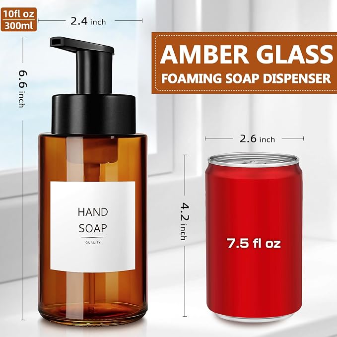 RYTOXILO Amber Foam Soap Dispenser, 10 oz/300ml Glass Foaming Soap Dispenser - Image 9