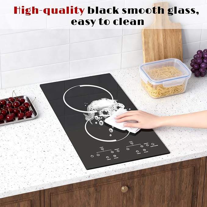 Karinear 2 Burner Electric Cooktop, 12 Inch Ceramic Glass Stove Top 3000W, Touch Control with 9 Power Levels, Timer & Child Safety Lock,Pause, for All Cookware, 240V Hardwired Drop-in Install