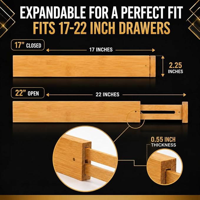 Adjustable Bamboo Drawer Dividers Expandable 8 Pack 17-22 Organizer | Kitchen - Image 2