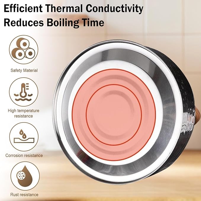 Tea Kettle, Food Grade Stainless Steel with Wood Pattern Folding Handle, Whistling Kettle for Induction, Gas, and Electric Stovetops (3 liters)