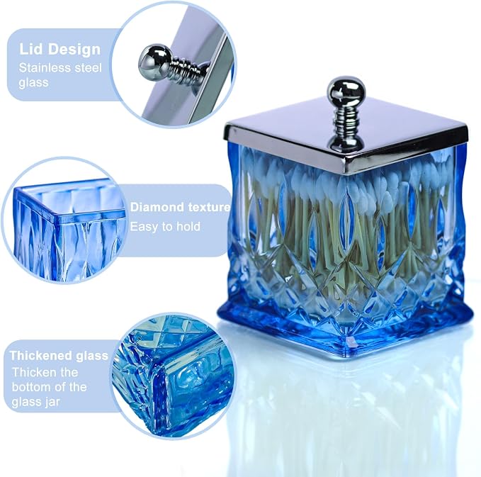 15Oz Blue Q-Tip Holder, Square Thick Glass & Metal Lid - Image 4