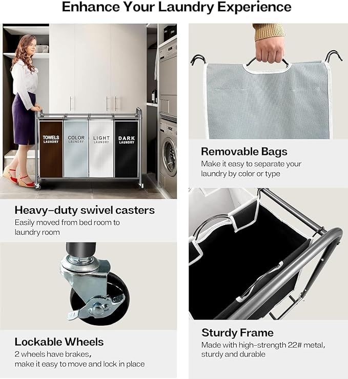 ROMOON Laundry Hamper Sorter Cart, 4-Section Organizer - Image 5