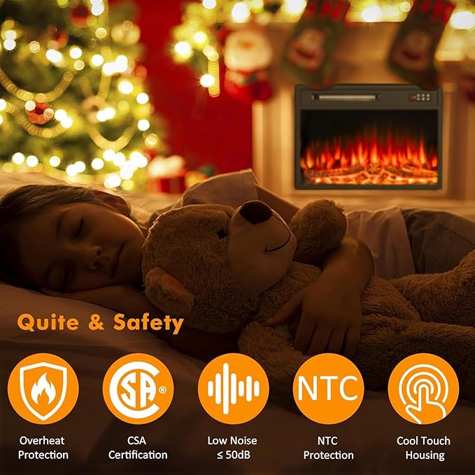 BOSSIN 23 inch Electric Fireplace Insert with Stove Heater for TV Stand,LED Realistic Flame,Recessed Mounted Fireplace Heater with Remote Control,Fireplace with Adjustable Flame, Timer 750/1500W