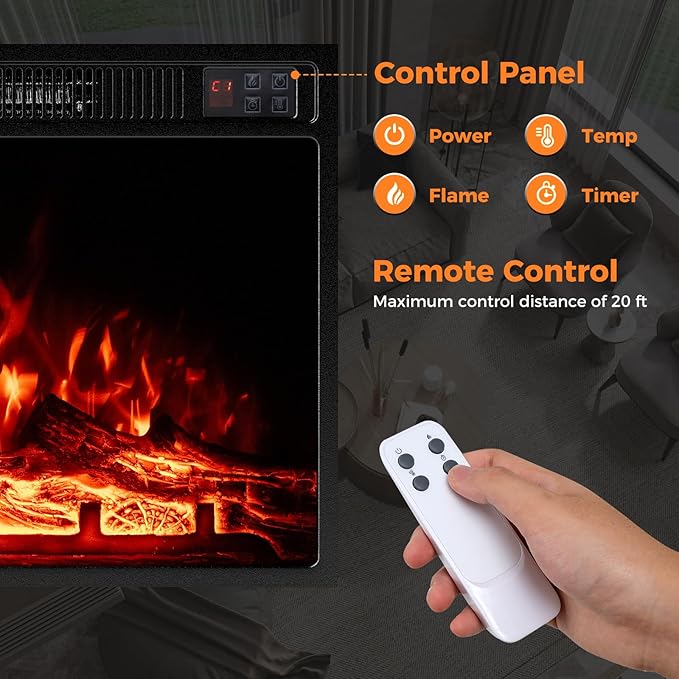 Tangkula 23" Electric Fireplace, 5,000 BTU Fireplace Insert with Remote Control, 3 Flame Colors & Brightness Levels, Recessed Fireplace Heater with 1-8H Timer, Thermostat & Overheat Protection