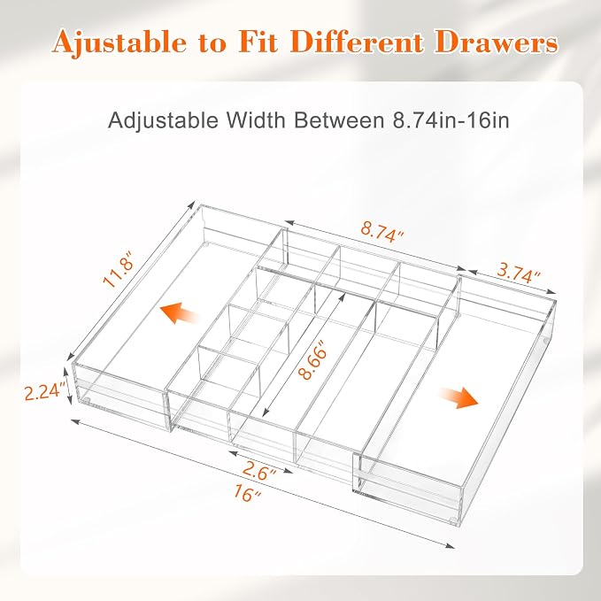 Briwooody Clear Acrylic Drawer Organizer Expandable, 10 Compartments, Medium | - Image 2