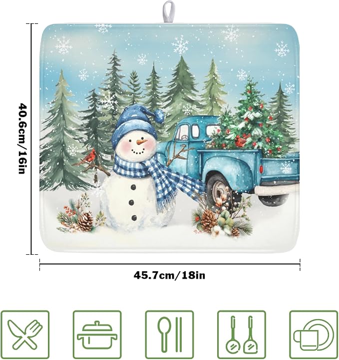 Giwawa Winter Snowman Blue Dish Drying Mat Xmas Truck Dishes Pad 16"x18" - Image 2