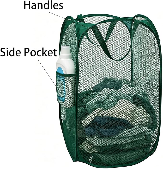 Larpur Pop Up Laundry Hamper Collapsible Mesh Clothes Basket, Dark Green - Image 3
