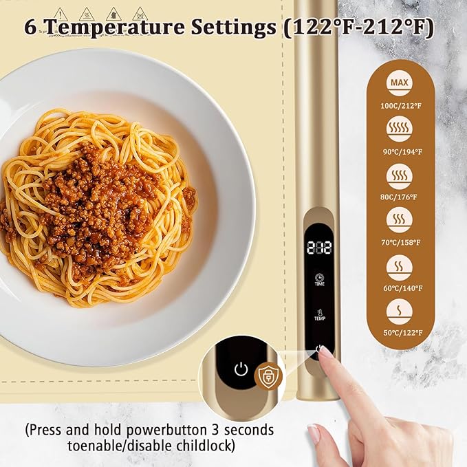 Upgrade Graphene Warming Mat for Food, Electric Warming Tray Rapid Heating with 6 Temps &Timer Settings, Portable Food Warming Mat for Countertop Buffets Party, Beige