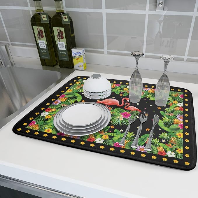Giwawa Tropical Flamingo Dish Drying Mat Palm Leaves Absorbent Dishes Drainer - Image 6