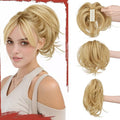 SOFEIYAN Claw Clip Hair Buns Hair Piece DIY Bendable Wires Short Ponytail Extension Fluffy Fake Hair Piece Straight Synthetic Hair Ponytail Extensions for Wonen - Golden Blonde with Highlights