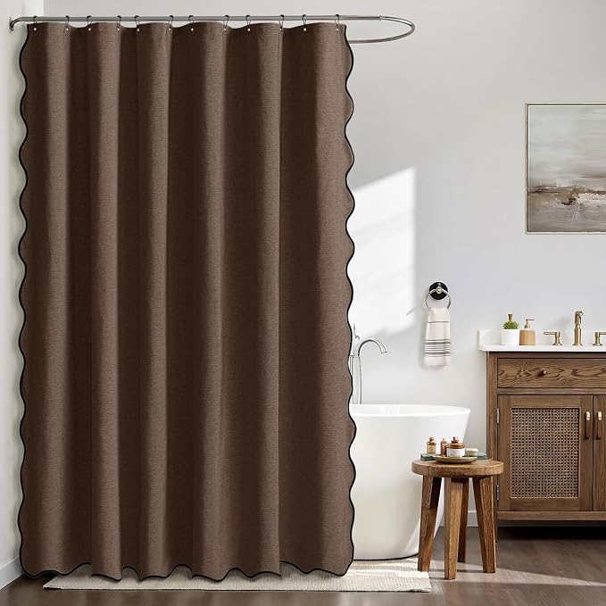 MIULEE Brown Scalloped Linen Shower Curtain 72x72 Inches - Image 2