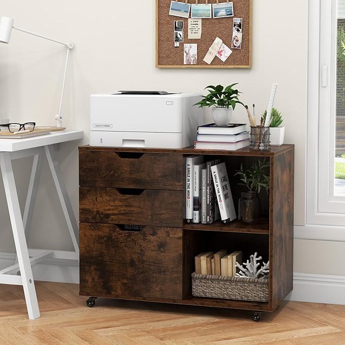 File Cabinet, Mobile Filing Cabinet w/Universal Wheels & 3 Drawers, Wood Printer Stand with Storage, Rolling File Cabinets for Home Office, Living Room, Bedroom (Rustic Brown, 3 Drawers)