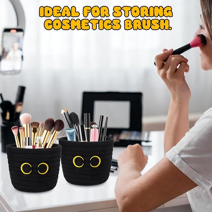 2 Pack Black Cat Makeup Brush Holder-Cute Cat Oval Mini Woven Basket - Image 4