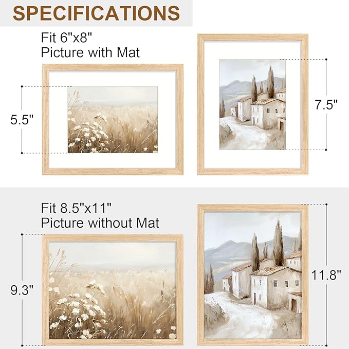 Vittanly 8.5x11 Picture Frame Set of 2, Solid Wood Frame for Wall or Tabletop, Display Photo 6x8 with Mat or 8.5x11 without Mat, Natural