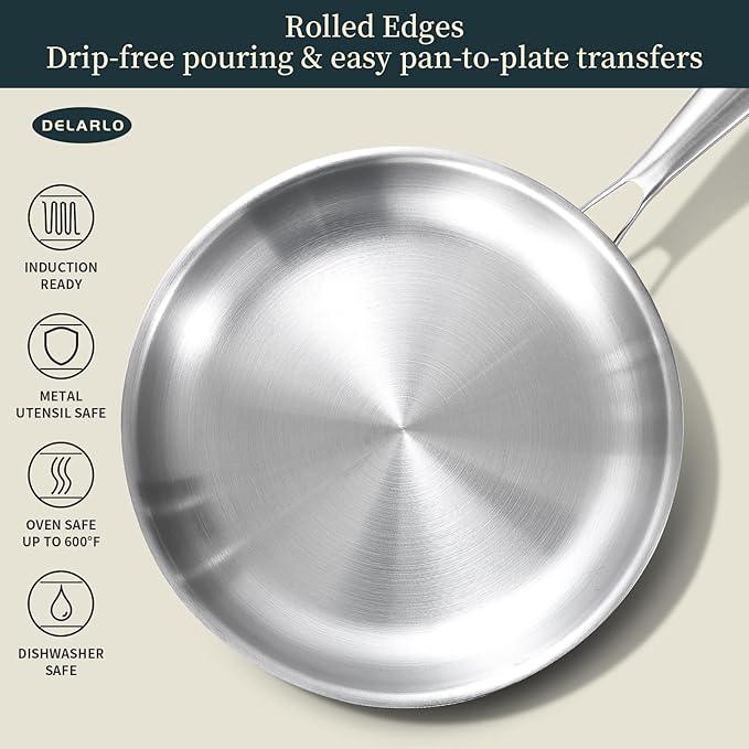 DELARLO Tri-ply Stainless Steel Frying Pan Set with Lid 8" 10" Induction large Skillets Chef's Pan,Pots and Pans Set Kitchen Cookware Set Suitable for All Stove