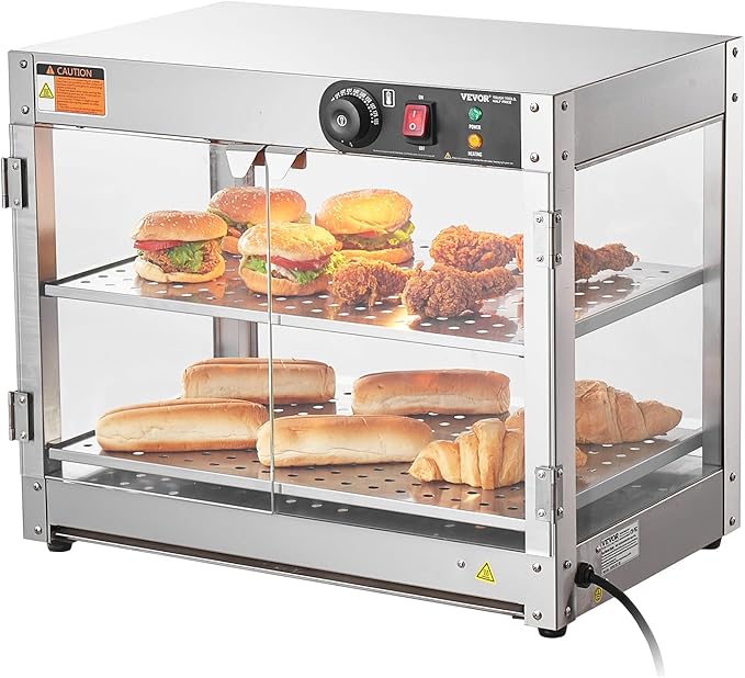 VEVOR 2-Tier Commercial Food Warmer Display, 800W Food Display Warmer with Light to Enhance Food Display, 86℉~185℉ Temperature Control, 58L Large Capacity for Hamburger, Pizza, Bread, Fried Chicken