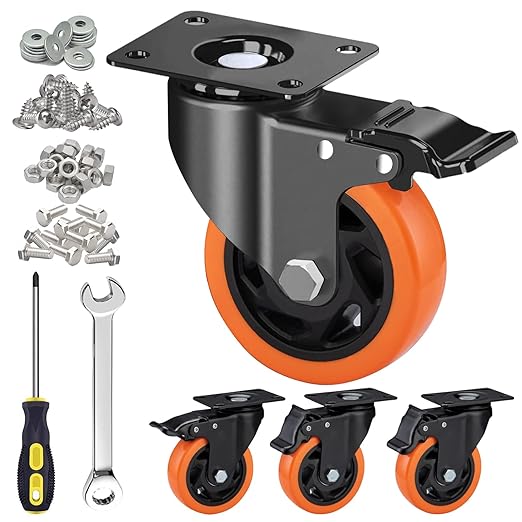 MSH&HCE 4 Inch Caster Wheels, Heavy Duty Break Casters Set of 4 Locking Casters Swivel Polyurethane(PU) Industrial Wheels, Quiet Caster Wheel for Cart Furniture and Workbench (Two Hardware Included)