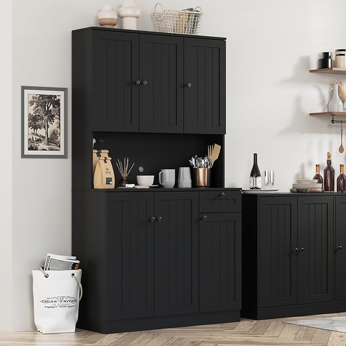 71" Pantry Cabinet with Charging Station, Tall Kitchen Pantry Storage Cabinet with Microwave Stand, Farmhouse Kitchen Hutch with Storage Drawer for Living Room, Dining Room, Black