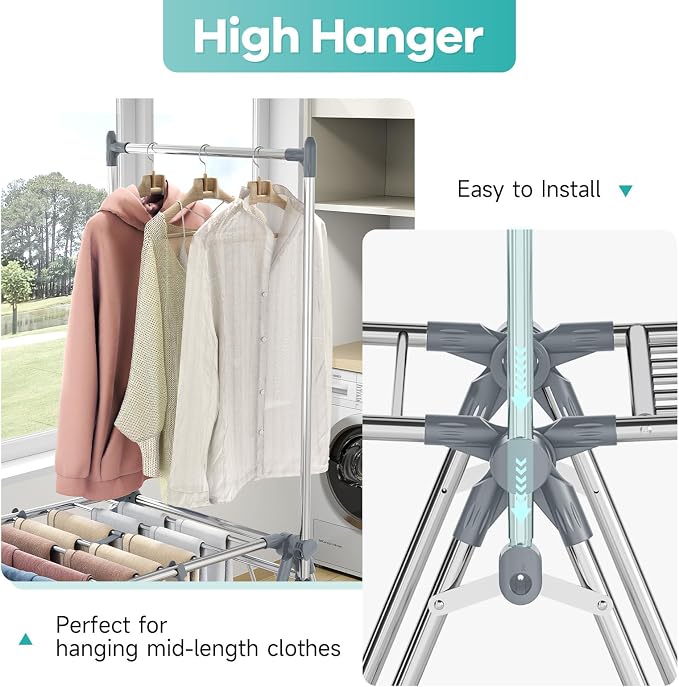 Clothes Drying Rack with High Hanger, 3-Level Drying Racks | Foldable Laundry - Image 5