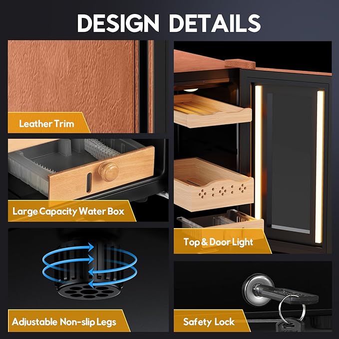 Tylza Leather Trim Cigar Humidor, 50L Cigar Humidor Cabinet with Auto Humidity & Temp Control, 400 Counts, 3 LED Lights, Spanish Cedar Wood, Cigar Humidors with Safety Lock, Gifts for Men
