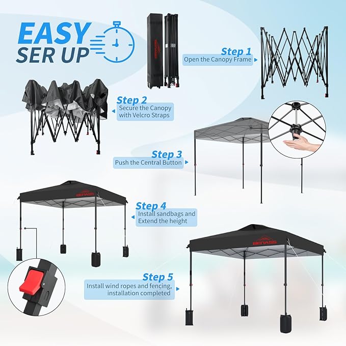 12x12 Pop Up Canopy, Easy Up Canopy Tent, Heavy Duty Tents for Parties, One Person Set Up Event Tent, Black