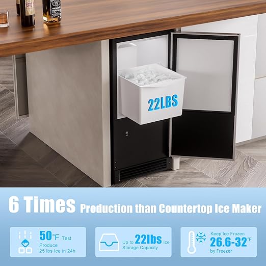 COTLIN 15" W Drainless Under Counter Ice Maker with 22LBS Storage Bin, Crescent Ice, Free Standing Built-in Ice Maker for Residential Commercial Use, No Drain Required, ETL Approved