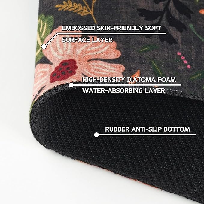 Boho Black Flowers Kitchen Sink Splash Guard Faucet Mat, Faucet Non-Slip - Image 5