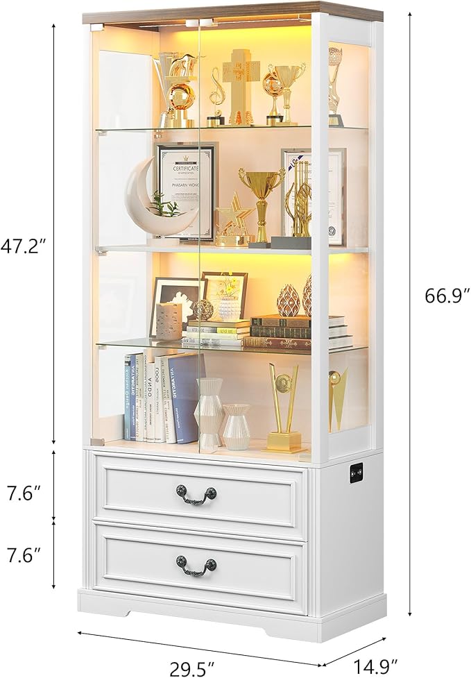 67" Tall Display Cabinet with Glass Doors and 2 Drawers, Adjustable Glass Height Bookcase, Curio Cabinet with 3 LED Lights and Human Body Sensor (White)