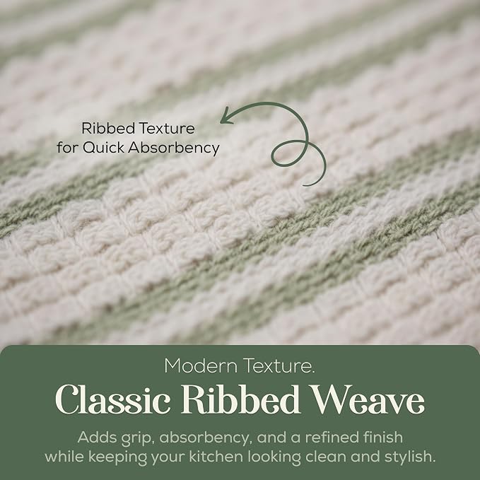Kitchen Towels, Cotton Hand Towels, Sage Green and Cream Ribbed - Image 4