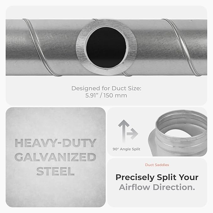 Galvanized Steel Saddle Takeoff – Round 90 Degree Splitter for 6” Duct with 6" Outlet Branch Connector - Range Hood Duct Adapter - Heavy Duty Supply/Exhaust Air Ventilation Duct Work Collar