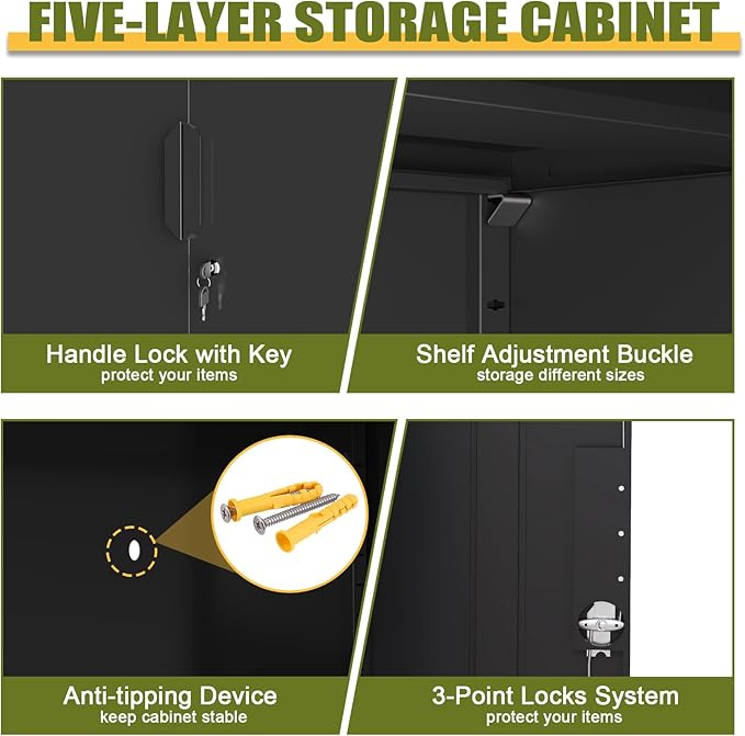 71" H Metal Garage Storage Cabinets, Locking Cabinet with Doors and Shelves, Kitchen Pantry Cabinet, Metal Storage Cabinet for Home/Office/Warehouse, Black