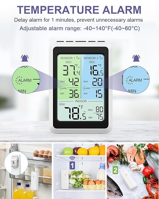 Refrigerator Thermometer with Alarm - 4.5 inch Wireless Fridge Thermometer with 2-Level Backlight, 2 Sensors, Digital Freezer Thermometers with Max/Min Records, for Homes Restaurants Cellars
