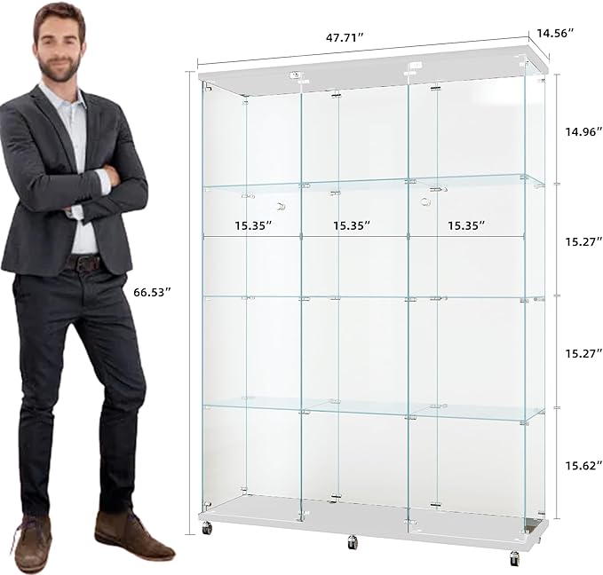 Frameless Glass Display Cabinet, Curio Cabinet Display Case with Locks and Hinged Doors, Quick-Install Floor Standing Large Showcase Display Shelf for Collectibles, Legos, Figures, Plants