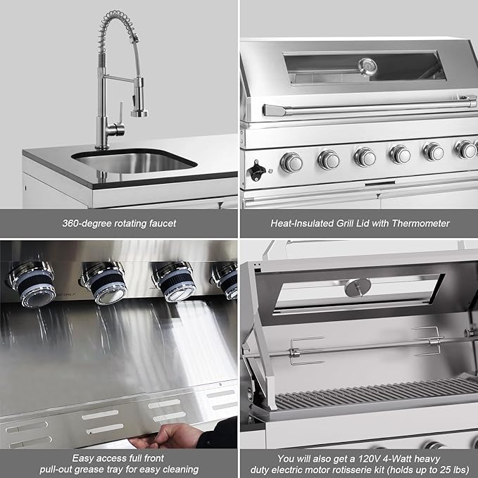 Outdoor Kitchen Island, 82 Inch 6 Burner Gas Grill Combination With Refrigerator and Sink, Outdoor Stainless Steel Barbecue Bar, Propane Grill, 85000 BTUs (82"-Silver, Propane)