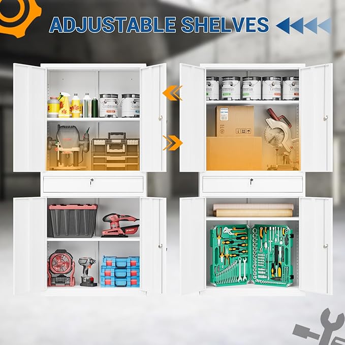 71" Metal Cabinet-White Heavy Duty Storage File Cabinet Steel Tool Cabinets with Shelves, Lockable Doors and Drawers- for Garage, Pantry, Warehouse - Assembly Required