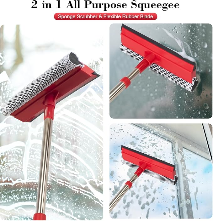 Window Squeegee with 15.7"-27.5" Retractable Stainless Steel Handle, 2-in-1 - Image 6