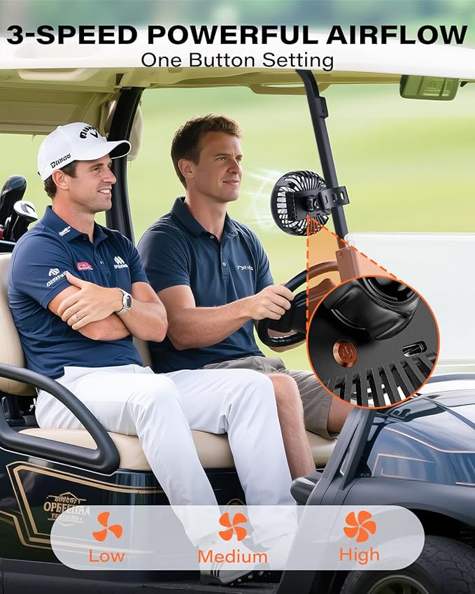 A2C Rechargeable Golf Cart Fan, 3 Speed Settings, 360° Rotation, Portable 4000mAh Battery Cooling Fan for EZGO, Club Car, Yamaha, Forklifts, Lawn Mowers, Fits 0.5"-1.5" Bars