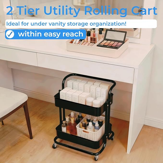 2 Tier Rolling Utility Cart with Wheels All-Metal Short Pantry Cart Under Desk Storage Trolley with Handle, Small Rolling Storage Shelf for Small Space Kitchen Laundry Room Bathroom, Black