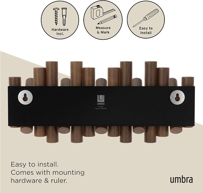 Umbra Picket Coat Rack, Wall Mount 5 Flip-Down Coat Hooks, Walnut | Beveled - Image 6