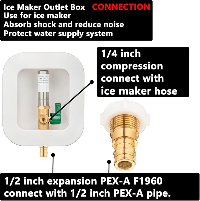 (1 Pack) Lidertik 1/2 inch Expansion PEX-A Pre-Assembled Ice Maker Outlet Box Valve 1/4 inch Recessed Refrigerator Water Line with Shut Off Valve and Stainless Steel Water Hammer Arrestor ZBQH-631-LK