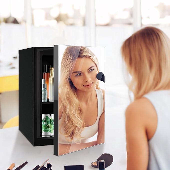 Stopasd Beverage Refrigerator Cooler, 0.9 Cu.Ft/24 Can Drink Fridge with Adjustable Shelves & Mirror Door for Temp Control for Drinks, Skincare, Soda, Beer, Wine - Home, Office, Dorm