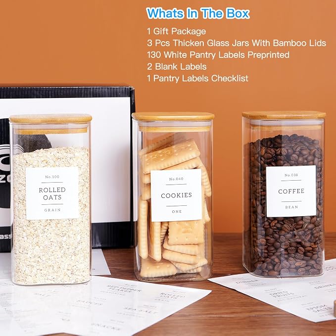 CZZGSM 3 Pack Square Glass Kitchen Storage Jars - 54oz Glass Canisters with - Image 2