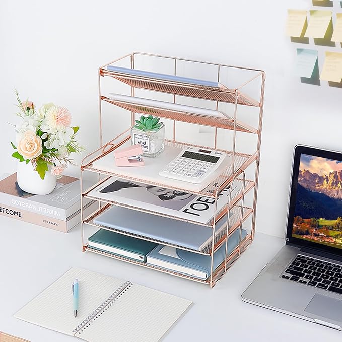 OPNICE Desk Organizer, 6-Tier Paper Organizer Letter Tray, Rose Gold | Desk - Image 6