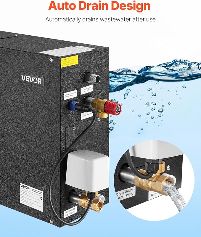 VEVOR Steam Generator, 6 kW Steam Shower System with Controller for Home Sauna Bath Spa, Commercial Auto Drain Kit with Overheat, Dry-Run & Overpressure Protection, 10 Min to 24h Efficient, Black