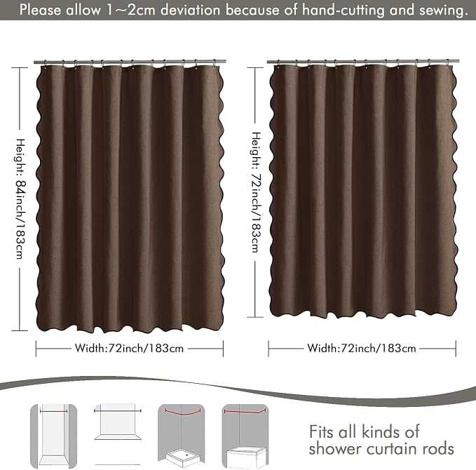 MIULEE Brown Scalloped Linen Shower Curtain 72x72 Inches - Image 6