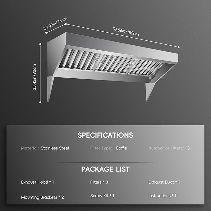 6FT Stainless Steel Commercial Exhaust Hood with 3 Removable u-Shaped Oil Filter Mesh, Rust-Resistant Ventilation Hood for Food Truck, Concession Trailer, and Restaurant Kitchen