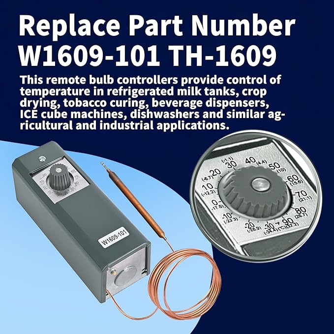 Refrigerator Thermostat Temperature Controller, -30°F to 90°F (-34°C to 32°C) Mechanical Thermostat with 5 Ft Capillary Remote Thermostat Bulb,Temperature Control for freezers & Coolers, W1609-101