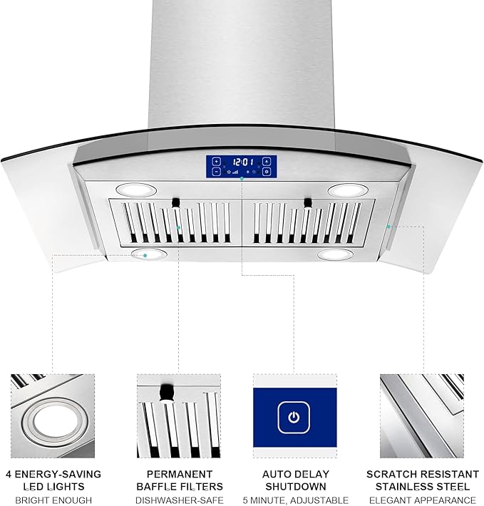 Island Range Hood 30 Inch 700 CFM Gesture & Touch Control Ceiling Mount Stainless Steel Kitchen Vent Hood, Kitchen Exhaust Hood, Ducted/Ductless Convertible 3-speed Ventilation Fan Switchable